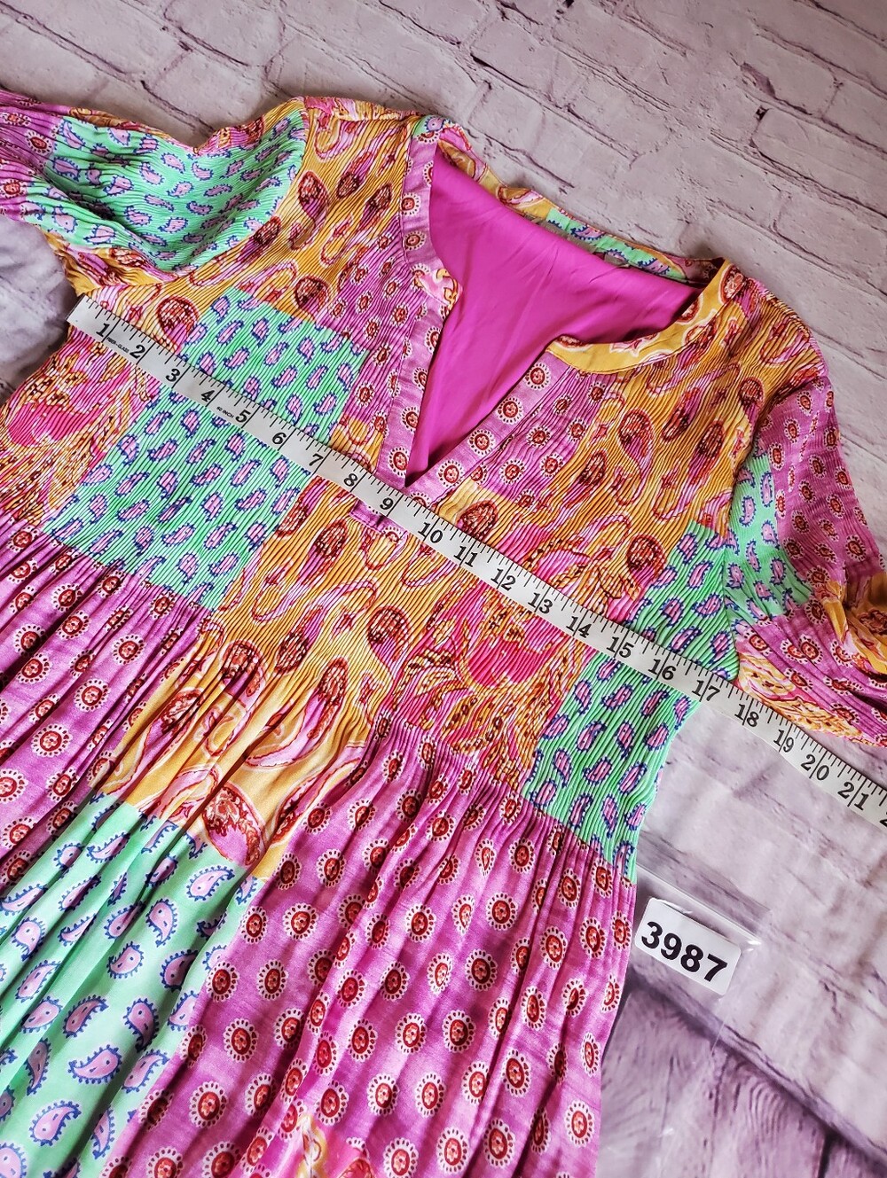 Bohemian Sunny Leigh Patchwork Multicolor Paisley Midi Dress Bell Long Sleeve - Picture 9 of 11